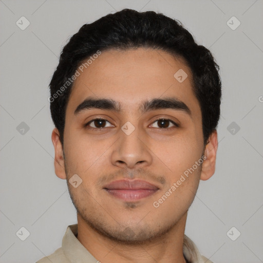 Neutral latino young-adult male with short  black hair and brown eyes