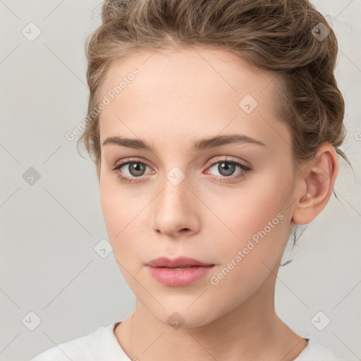 Neutral white young-adult female with medium  brown hair and grey eyes