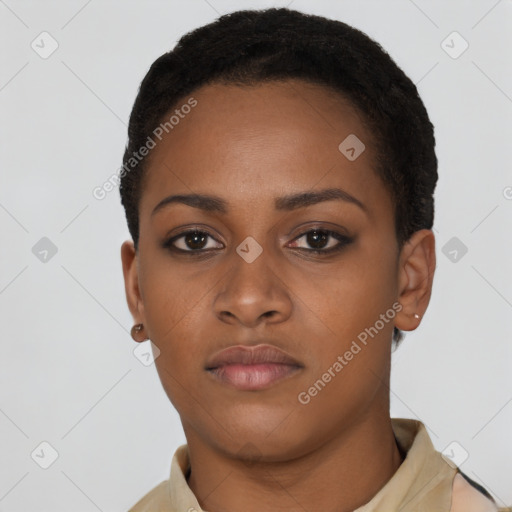 Neutral black young-adult female with short  black hair and brown eyes