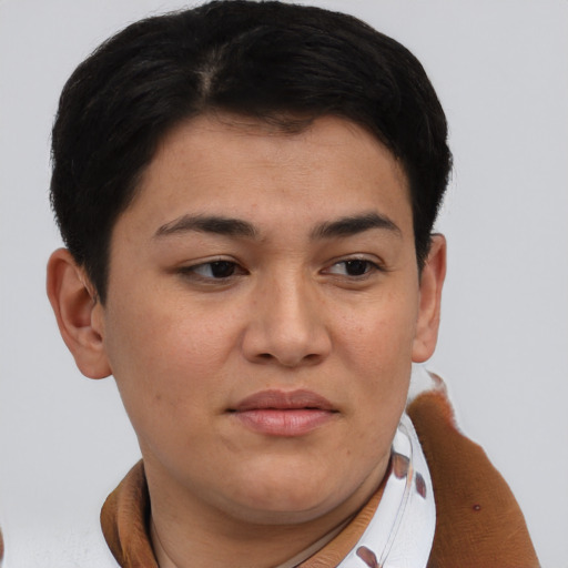 Joyful asian young-adult female with short  brown hair and brown eyes
