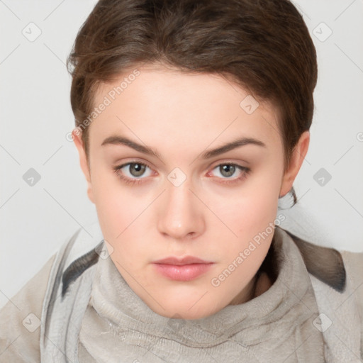 Neutral white young-adult female with short  brown hair and brown eyes