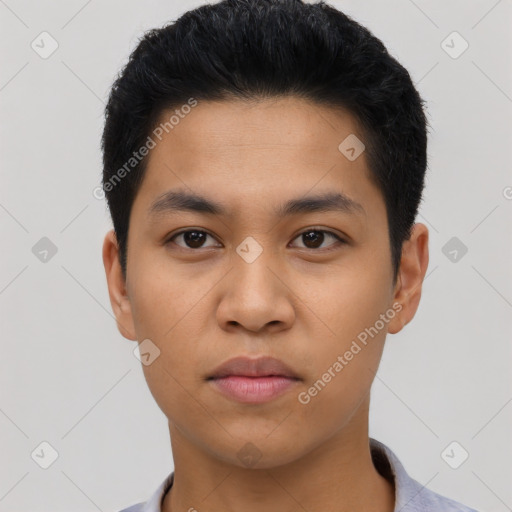 Neutral asian young-adult male with short  black hair and brown eyes