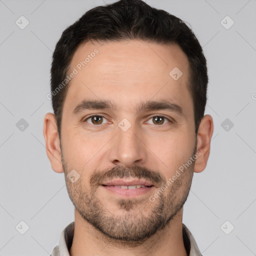 Joyful white young-adult male with short  brown hair and brown eyes