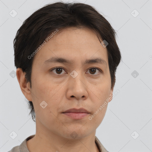 Neutral asian adult male with short  brown hair and brown eyes