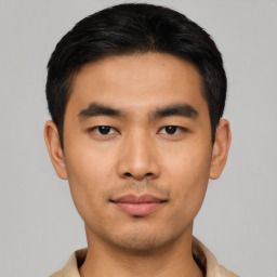 Neutral asian young-adult male with short  black hair and brown eyes