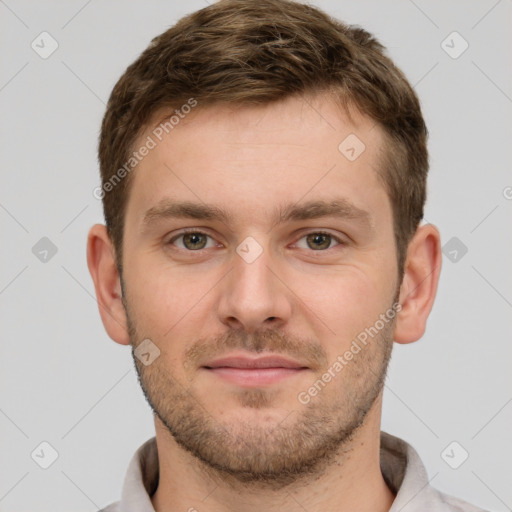 Neutral white young-adult male with short  brown hair and grey eyes