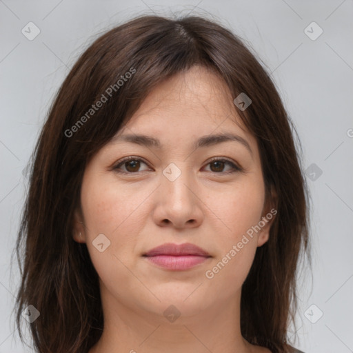 Joyful white young-adult female with medium  brown hair and brown eyes