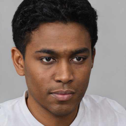Neutral black young-adult male with short  black hair and brown eyes
