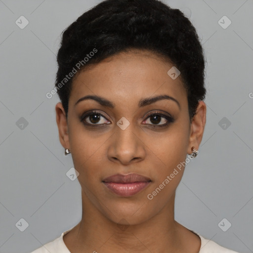 Joyful latino young-adult female with short  black hair and brown eyes