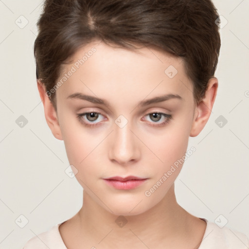 Neutral white young-adult female with short  brown hair and brown eyes