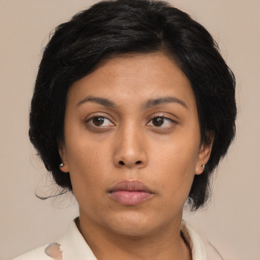 Neutral asian young-adult female with medium  black hair and brown eyes