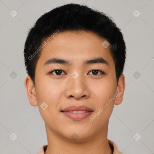 Joyful asian young-adult male with short  black hair and brown eyes