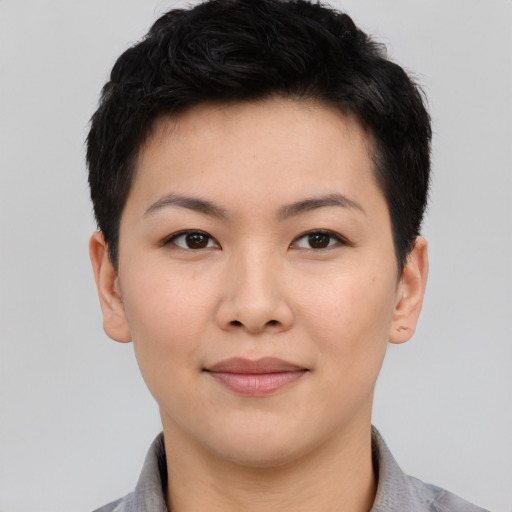 Joyful asian young-adult female with short  brown hair and brown eyes