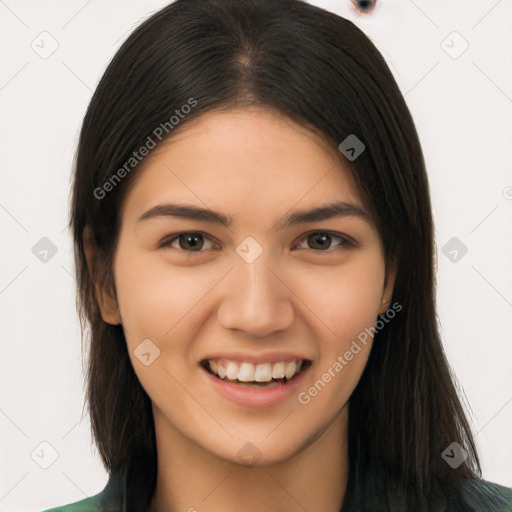 Joyful white young-adult female with long  brown hair and brown eyes