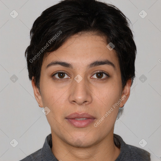 Neutral white young-adult female with short  brown hair and brown eyes