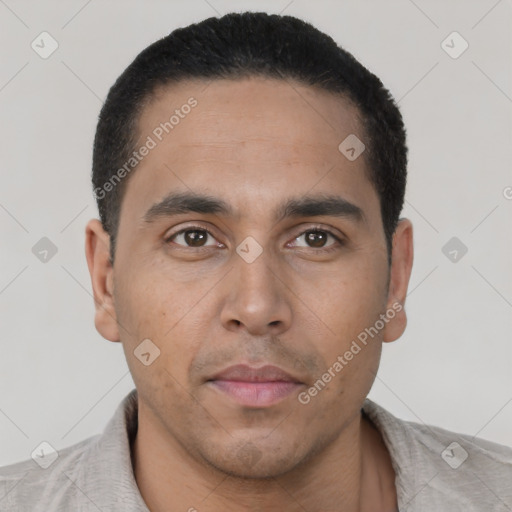 Neutral latino young-adult male with short  black hair and brown eyes