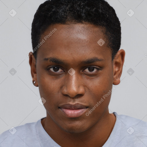 Neutral black young-adult male with short  black hair and brown eyes