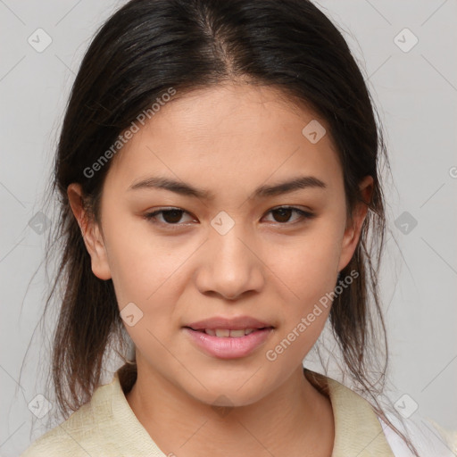 Joyful asian young-adult female with medium  brown hair and brown eyes