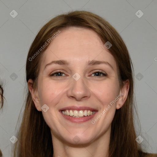 Joyful white young-adult female with medium  brown hair and grey eyes