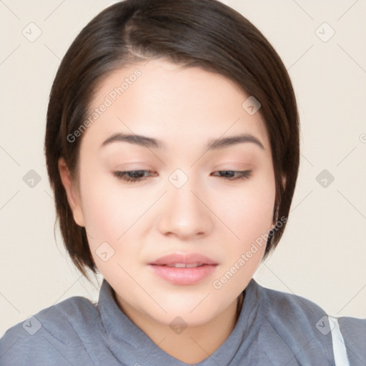 Neutral white young-adult female with medium  brown hair and brown eyes