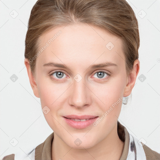 Joyful white young-adult female with medium  brown hair and blue eyes