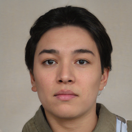 Neutral asian young-adult female with short  black hair and brown eyes