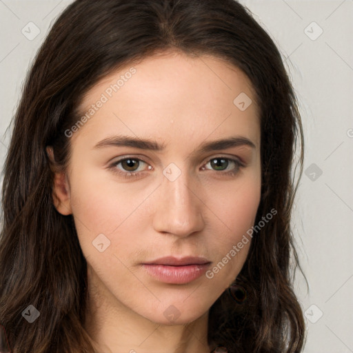 Neutral white young-adult female with long  brown hair and brown eyes