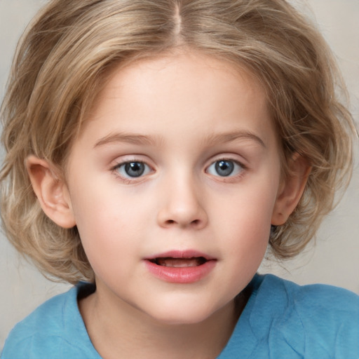 Neutral white child female with medium  brown hair and blue eyes