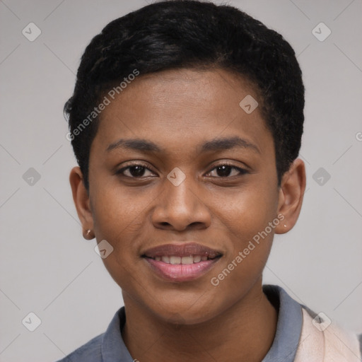 Joyful black young-adult female with short  black hair and brown eyes