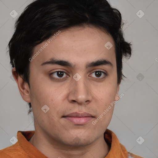 Joyful white young-adult male with medium  brown hair and brown eyes