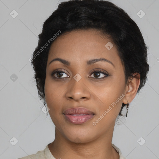 Joyful latino young-adult female with medium  black hair and brown eyes