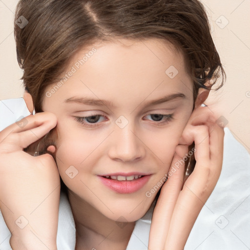 Joyful white child female with medium  brown hair and brown eyes