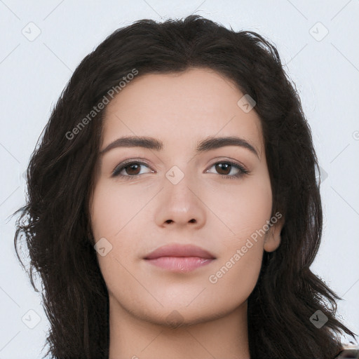 Neutral white young-adult female with long  black hair and brown eyes