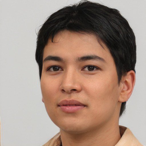 Neutral asian young-adult male with short  black hair and brown eyes