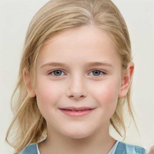 Joyful white child female with medium  brown hair and blue eyes