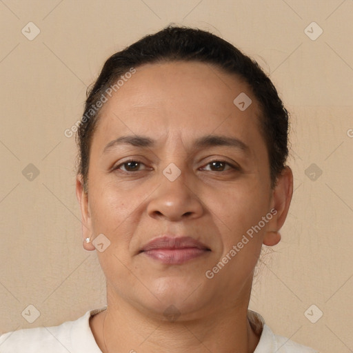 Joyful white adult female with short  brown hair and brown eyes