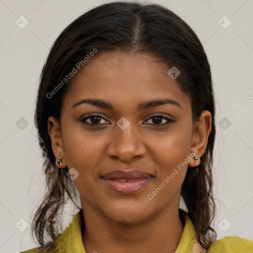 Joyful black young-adult female with medium  brown hair and brown eyes