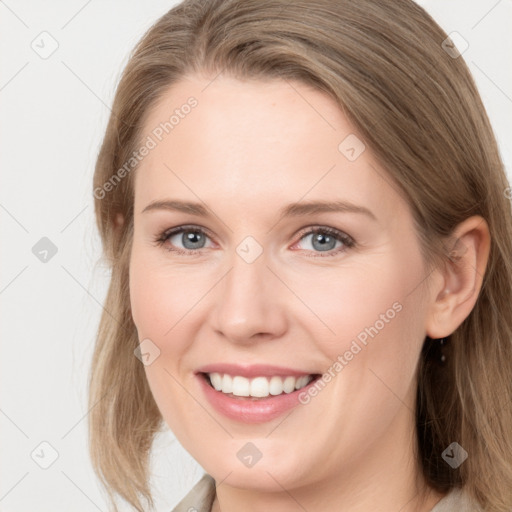 Joyful white young-adult female with long  brown hair and grey eyes