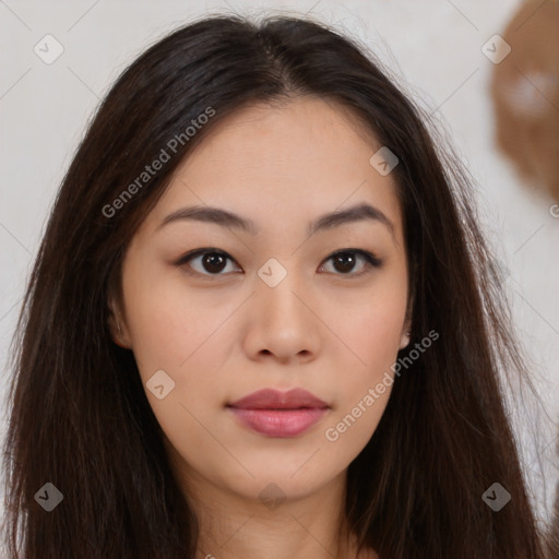 Neutral asian young-adult female with long  brown hair and brown eyes