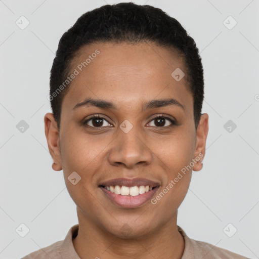 Joyful latino young-adult female with short  black hair and brown eyes