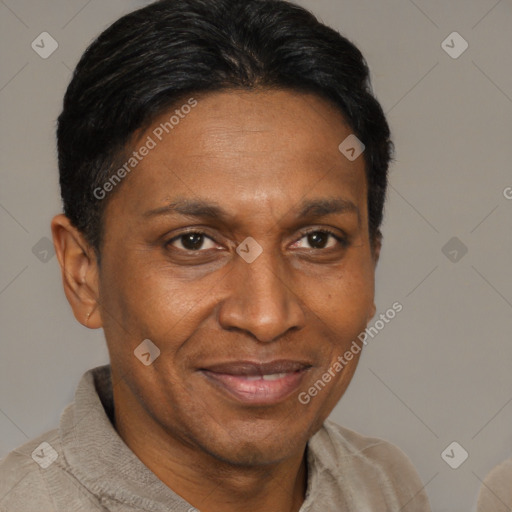 Joyful black adult male with short  brown hair and brown eyes