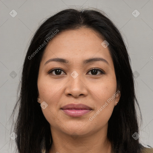 Joyful asian young-adult female with long  brown hair and brown eyes