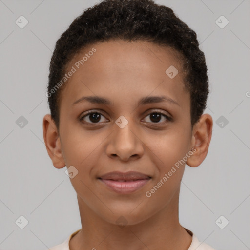 Joyful latino young-adult female with short  brown hair and brown eyes