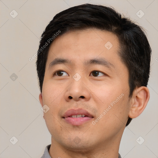 Neutral asian young-adult male with short  brown hair and brown eyes