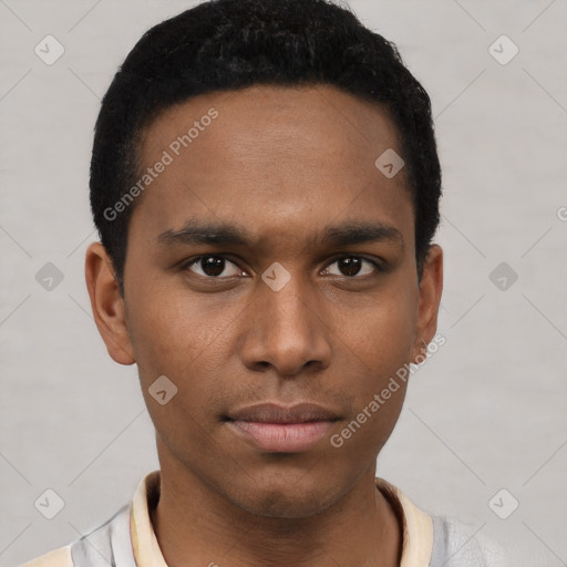 Neutral black young-adult male with short  black hair and brown eyes
