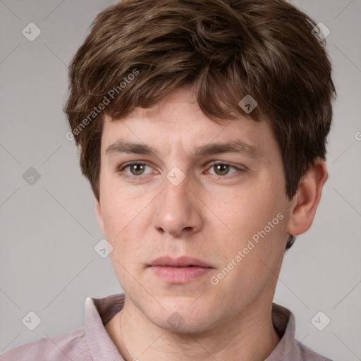 Neutral white young-adult male with short  brown hair and grey eyes