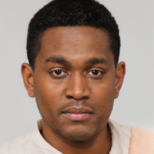 Neutral black young-adult male with short  black hair and brown eyes