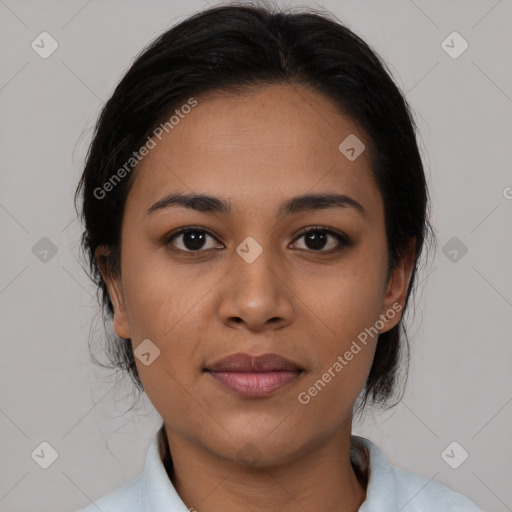 Joyful latino young-adult female with medium  black hair and brown eyes