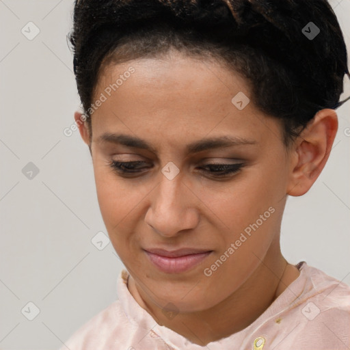 Joyful white young-adult female with short  brown hair and brown eyes