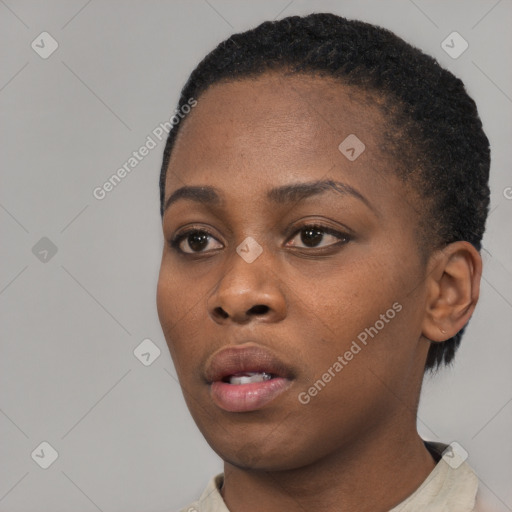 Neutral black young-adult female with short  black hair and brown eyes